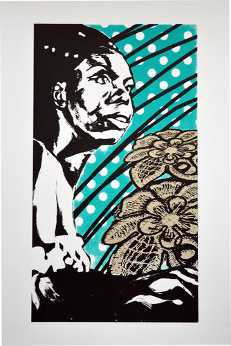 Nina Simone Screen Print Turquoise Detail - Melissa O'Brien Art